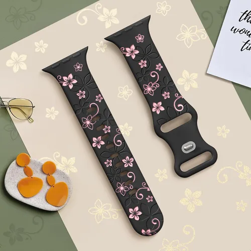 Vista 3 de Bandas con grabado floral compatibles con Apple Watch de 41mm 40mm 44mm 45mm 42mm 38mm 46mm 49mm para mujeres, correa deportiva de silicona suave