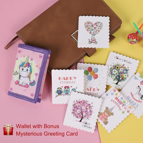 Vista 6 de SITADI Cartera para niños, billetera pequeña para niñas con bolsillo con cremallera, bonita cartera de lona triple de dibujos animados para niños