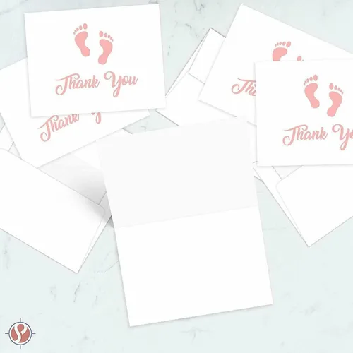 Vista 3 de Tarjetas de felicitación de agradecimiento con huella rosa para bebé, baby shower, cumpleaños, invitación, felicitación, celebración, tarjetas