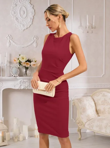 Vista 4 de oten Vestido de tubo para mujer, cuello redondo, sin mangas, fruncido, entallado, para trabajo, cóctel, fiesta