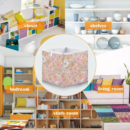 Vista 6 de Kigai Contenedores de almacenamiento con diseño floral retro, cubos grandes plegables de 11 x 11 x 11 pulgadas, cesta de almacenamiento para oficina