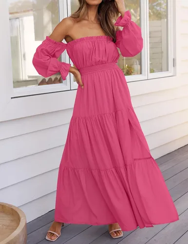 Vista 3 de ZESICA - Vestido largo, bohemio y sexy, con hombros descubiertos y manga larga fruncida, con elástico fruncido, cintura alta y abertura lateral