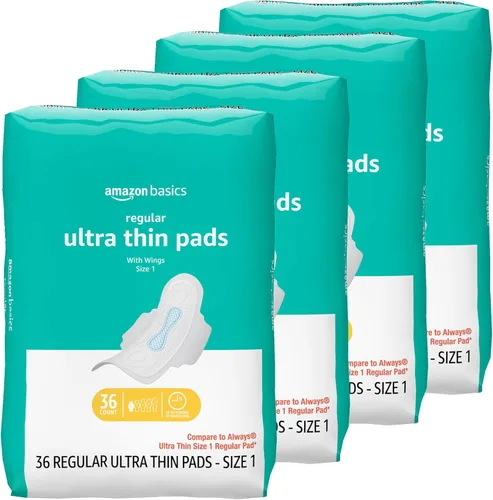 Vista 9 de Amazon Basics Almohadillas de absorción regular para mujer, ultra finas con alas flexibles, sin perfume, talla 1, 36 unidades, 1 paquete