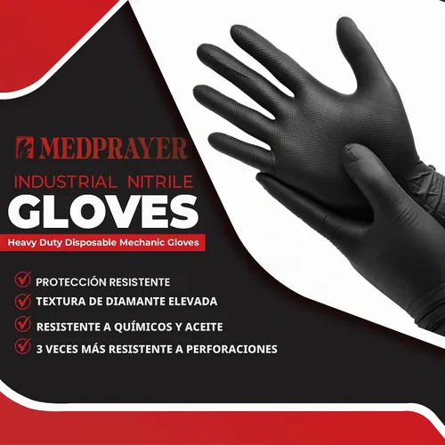 Vista 2 de Industrial Nitrile Gloves – Heavy Duty Latex & Powder Free Disposable Gloves with Diamond Texture Negro