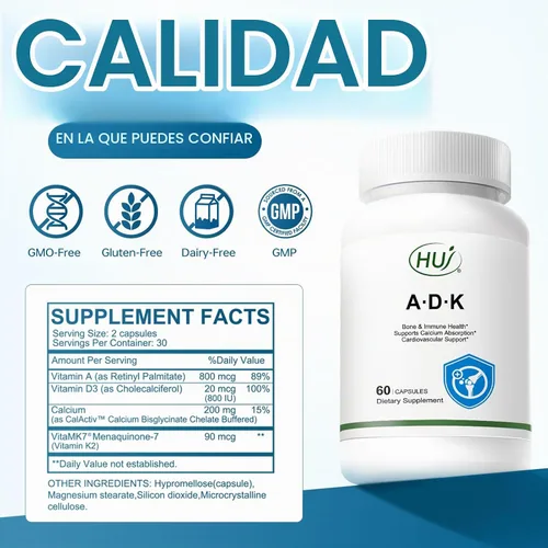 Vista 5 de HUJ Suplemento ADK, 60 cápsulas, calcio, vitaminas A, D3, K2 (MK-7)