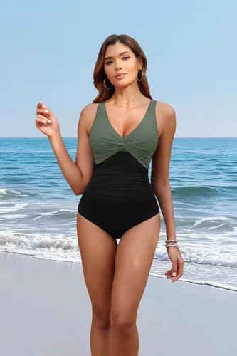 Vista 3 de Traje de baño de una pieza con control de abdomen para mujer Verde y negro