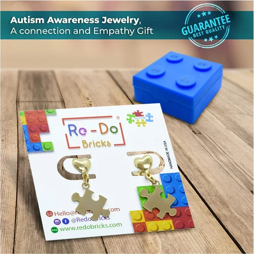 Vista 8 de Re-Do Bricks - Aretes chapados en oro para concientización sobre el autismo, gran regalo, hermoso colgante colgante, hecho a mano en Estados Unidos.