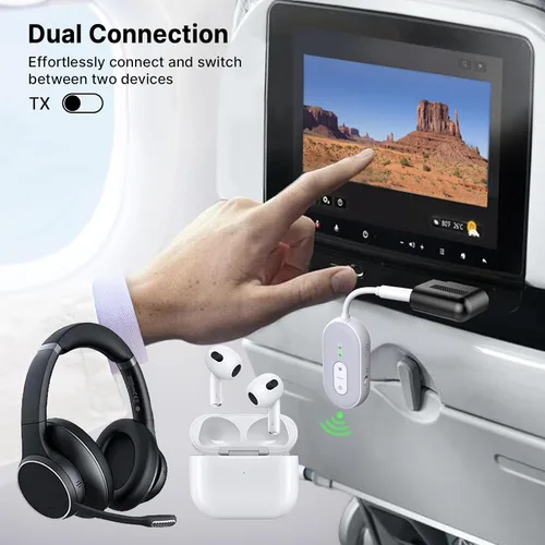 Vista 6 de Receptor transmisor Bluetooth 5.3, receptor de doble conexión, adaptador de audio auxiliar de 0.138 in con cable RCA, avión inalámbrico 2 en 1