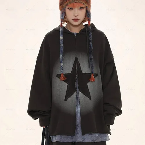 Vista 5 de Y2K - Sudadera con capucha Cyber Grunge Alt, ropa de estrella, con cremallera, sudadera Emo Harajuku de gran tamaño, sudadera con capucha Acubi Goth