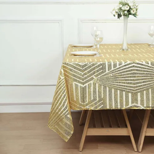Vista 6 de Efavormart - Mesa cuadrada de tul geométrico con lentejuelas doradas brillantes de 72 pulgadas Dorado