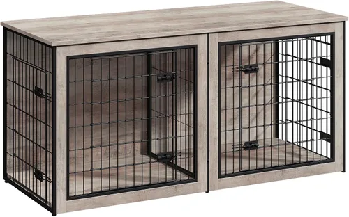 Vista 9 de HOOBRO Mueble de jaula para perros para 2 perros, mueble grande de 63 pulgadas para jaulas dobles con divisor, soporte de madera para interiores