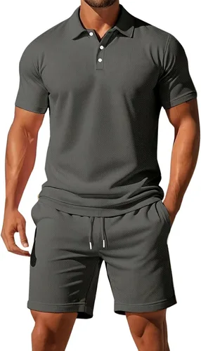 Vista 5 de Conjunto deportivo de 2 piezas para hombre, conjunto deportivo casual de polo y pantalones cortos, conjunto deportivo de verano, playa, talla grande