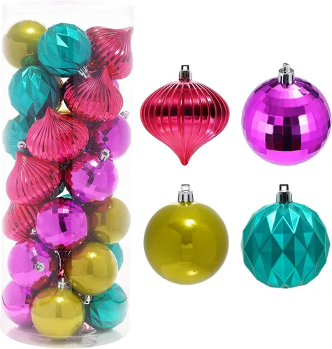 Vista 6 de Amooca Adornos de bolas de Navidad, 28 piezas de 2.8 pulgadas/3.15 pulgadas, inastillables, juego de bolas brillantes mate multiformas, colgantes