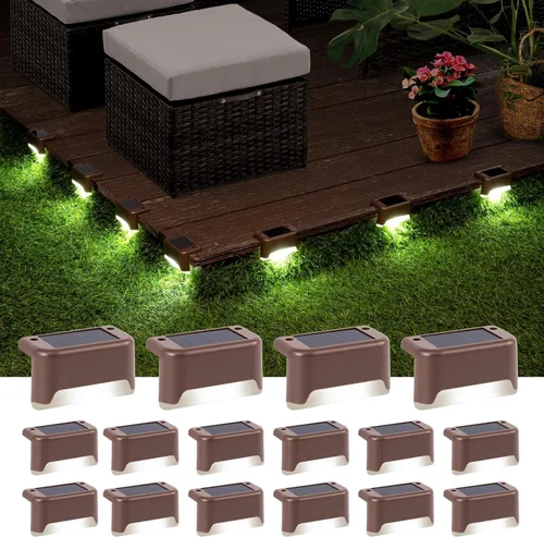 Vista 3 de GIGALUMI - Luces solares para cubierta al aire libre, paquete de 16, impermeables, LED, luces solares para escaleras, escalones, vallas, Blanco frío