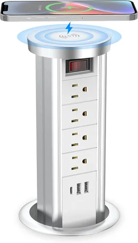 Vista 9 de BTU Toma de corriente desplegable para encimera, receptáculo con USB C y 4 salidas de CA, toma de corriente empotrada con cargador inalámbrico de 10