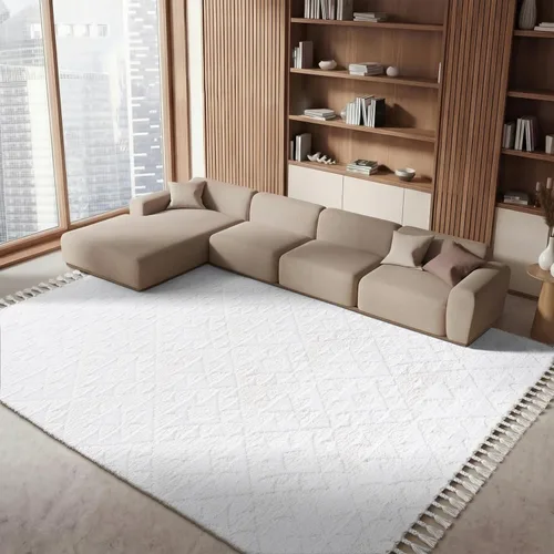Vista 41 de SAFAVIEH Alfombra marroquí con borlas, 2 x 3 pies, marfil y marrón, no desprende pelusa y fácil de limpiar, textura alta y baja, ideal