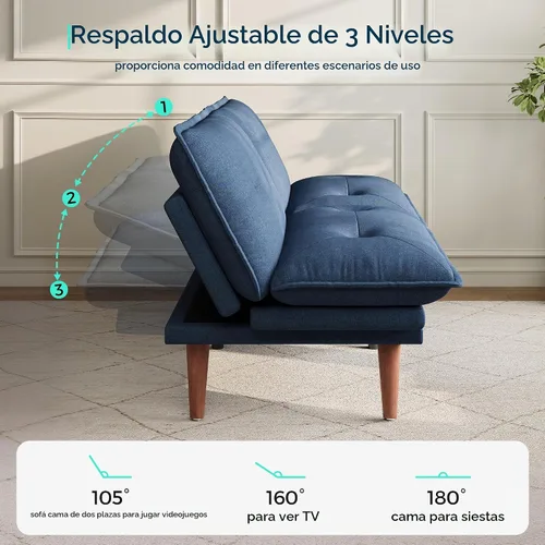 Vista 3 de LINSY HOME Sofá cama futón, sofá futón de felpilla de 70 pulgadas con respaldo ajustable, cómodo sofá cama convertible 3 en 1 para espacios Azul