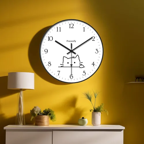 Vista 6 de Reloj de pared de plástico de 8 pulgadas, funciona con pilas, reloj redondo decorativo, gato blanco