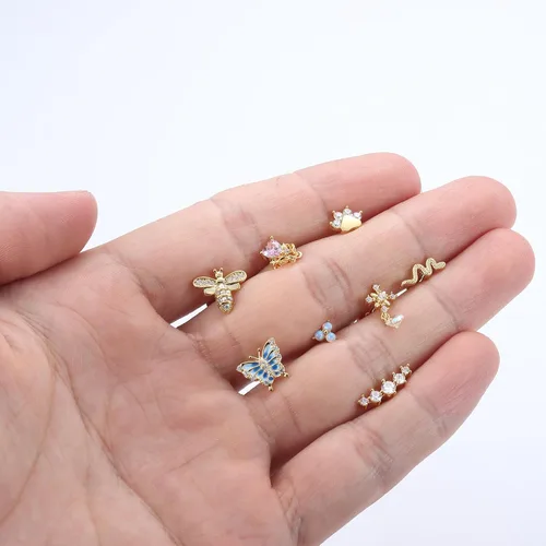 Vista 7 de FUNRUN JEWELRY 9 aretes de cartílago de 16G para mujer, acero inoxidable 316L, parte trasera plana, circonita cúbica, mariposa, flor, cartílago