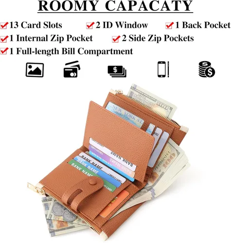 Vista 2 de FALAN MULE Cartera pequeña de cuero para mujer, con bloqueo RFID, tarjetero plegable con bolsillos dobles con cremallera, Blanco y marrón, Compacto