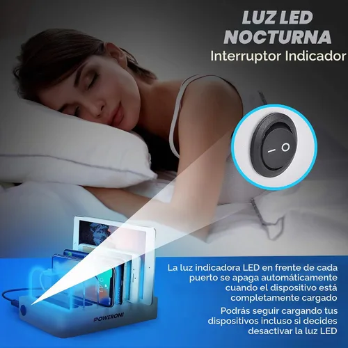 Vista 5 de Base de carga USB, estación de carga universal de 6 puertos para múltiples dispositivos, estación de carga para múltiples dispositivos, compatible