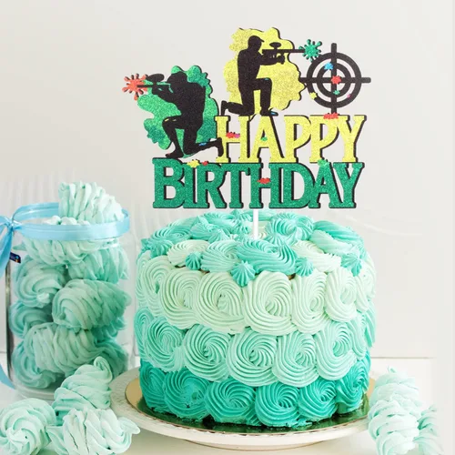 Vista 3 de Paintball - Decoración colorida para tartas de feliz cumpleaños, juego de disparos de feliz cumpleaños, suministros de fiesta de paintball para niños