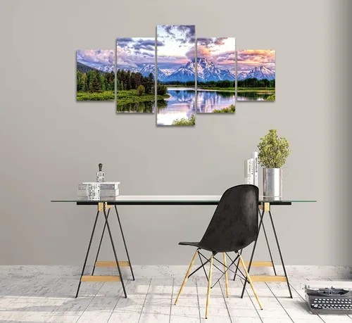 Vista 6 de SKASNFAI 5 piezas de paisaje del parque nacional Grand Teton, arte de pared, pinturas en lienzo de montaña, paisajes naturales, cuadros enmarcados