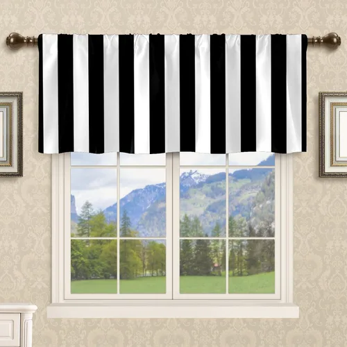 Vista 3 de Cortina de cocina con diseño de rayas verticales blancas y negras, cortinas opacas para baño, sala de estar, ventana, 14 x 52 pulgadas Rayas blancas