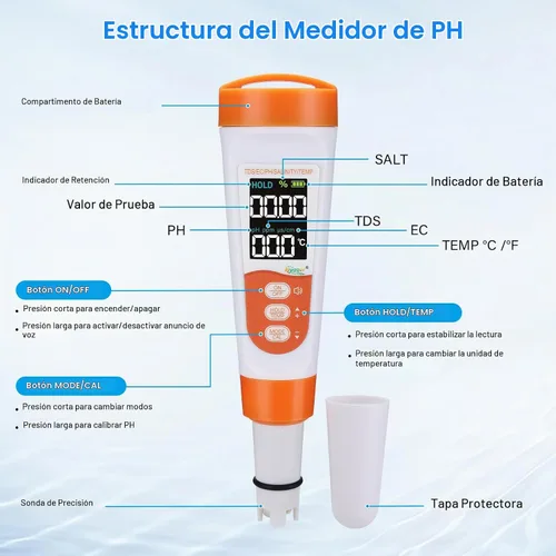 Vista 4 de hygger Probador de sal de piscina y medidor de pH, probador digital de agua de piscina 5 en 1, alta precisión Salinidad PH Temp EC y TDS Kit