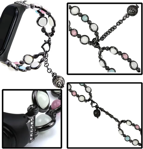 Vista 6 de Mi Band 7 - Correa de repuesto para mujer, hecha a mano con perlas luminosas, ajustable, de metal, con cuentas elásticas, compatible con Mi Band 7