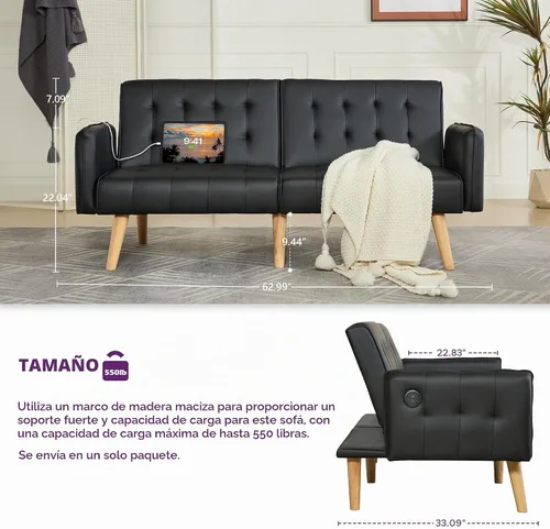 Vista 4 de TYBOATLE Sofá Cama Futón Plegable Convertible de Cuero Sintético de 65'' con 2 USB, Sofá de Dos Plazas para Espacios Pequeños, Apartamento