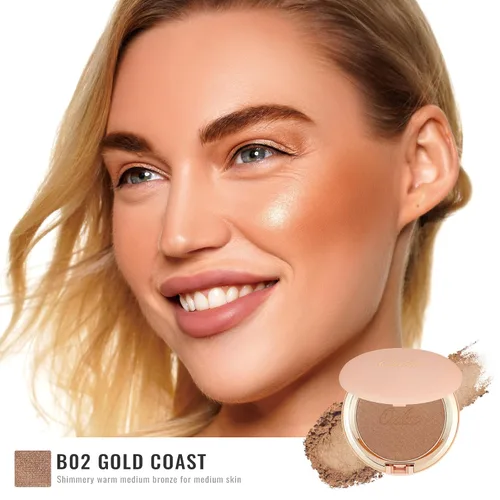 Vista 8 de Oulac Shimmer Bronzer - Maquillaje facial en polvo con espejo, aspecto bronceador natural SunKissed, bronceador crema altamente pigmentado, brillo