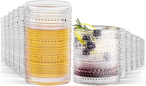 Vista 11 de Vasos altos vintage azules con reborde y pajitas, juego de 12 vasos de vidrio para cócteles, whisky, cerveza y jugo (15 onzas y 12 onzas)