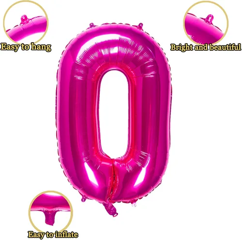 Vista 2 de Globos de aluminio de 32 pulgadas color rosa con el número 0, suministros de decoración de fiesta de cumpleaños (globo rosa número 0)