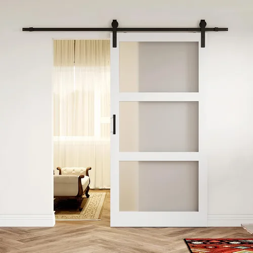 Vista 11 de Puerta corrediza de granero con espejo de 3 paneles de 36 x 84 pulgadas, kit de herramientas incluido, requiere montaje, superficie de PVC a prueba