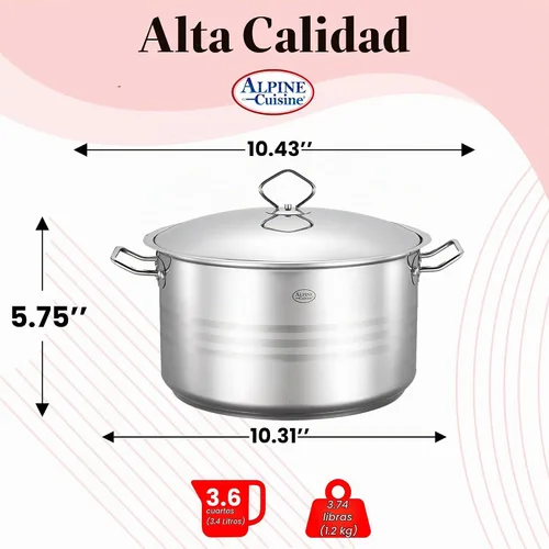 Vista 9 de Alpine Cuisine Olla de acero inoxidable con tapa de 3.6 cuartos de galón, resistente, grado comercial, horno holandés