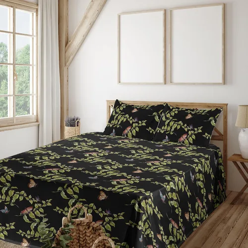 Vista 32 de Ambesonne Juego de sábanas vintage, diseño de curvas de inspiración victoriana, estampado de hojas y flores, sábana bajera y encimera con fundas