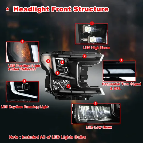 Vista 3 de Nixon Offroad Faros delanteros de proyector para Ford F150 2018-2020 Conjunto de faros LED completos con DRL / señal de giro secuencial