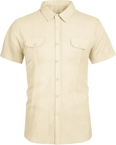 Vista 2 de Pengfei - Camisas lisas de manga corta para hombre, de linoalgodón, cuello clásico con botones