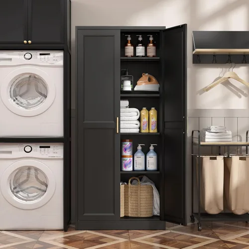 Vista 6 de SteeLoong - Armario de despensa de cocina, armario de almacenamiento de metal negro de 71" con puertas y 4 estantes ajustables, gabinete de cocina