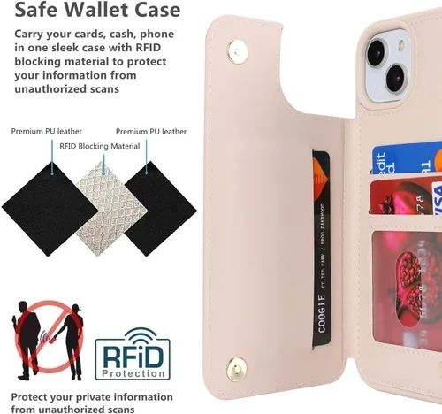 Vista 4 de iCoverCase Funda protectora de piel sintética compatible con iPhone 14 Plus con tarjetero, para mujeres y hombres, bloqueo RFID, funda protectora