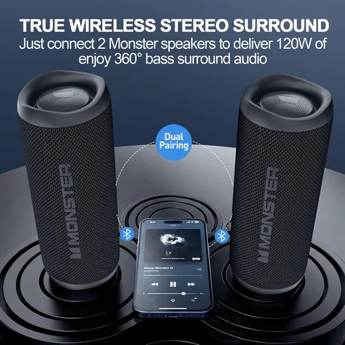 Vista 3 de Monster Altavoz Bluetooth, Altavoces Bluetooth Inalámbricos Portátiles para Exteriores, 60W Estéreo Verdaderamente Inalámbrico IPX8 Impermeable