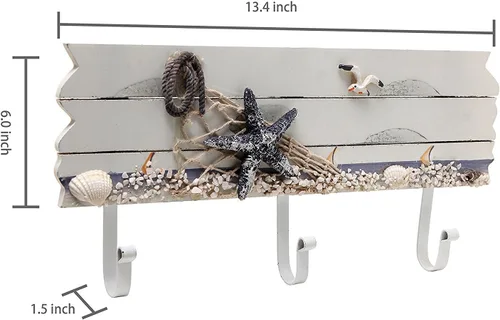 Vista 5 de Perchero de madera con 3 ganchos de metal con diseño de mar y playa, con estrellas de mar, gaviotas y conchas de mar