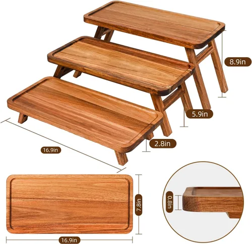 Vista 10 de GEHE Bandeja de servir de 3 niveles, bandeja escalonada de madera de acacia plegable, juego de exhibición de mesa de postre, decorada para tablas