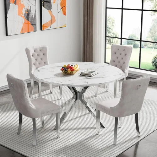 Vista 42 de Juego de 5 mesas de comedor, juego de mesa de cocina y comedor para 4, mesa de cocina rectangular de mármol sintético blanco de 47 pulgadas con base