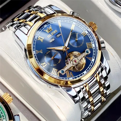Vista 2 de OLEVS Reloj automático para hombre, cuerda automática, mecánica, de lujo, de acero inoxidable, multicalendario, impermeable, luminoso, reloj