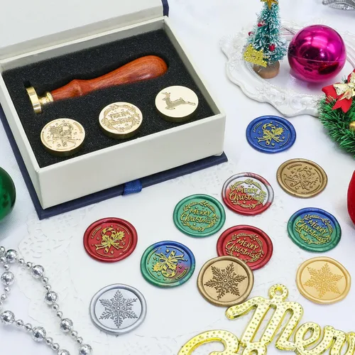 Vista 3 de SWANGSA - Juego de sellos de cera, estilo vintage, 4 cabezas con patrones navideños y 1 mango de madera para regalos de Navidad y Año Nuevo