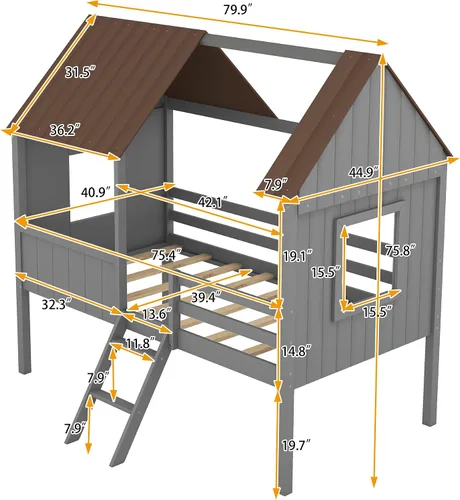 Vista 2 de Quarte Fun House - Cama con techo y dos ventanas laterales, cama baja de madera tamaño individual con escaleras pequeñas y barandilla, para niños