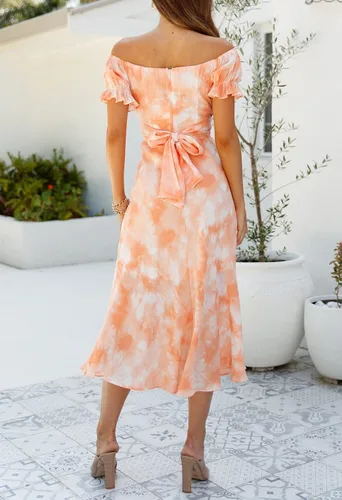 Vista 7 de Linsery - Vestido largo con hombros descubiertos para mujer, cóctel, fiesta, boda, formal, vestido por debajo de la rodilla, con vuelo