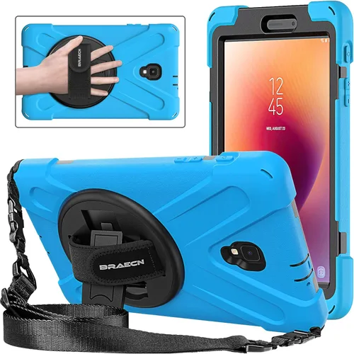 Vista 8 de Galaxy tab A 8.0 2017 estuche (SM-T380 / T385), BRAECN tres capa resistente de parachoques duro de silicona suave con 360 grados pie de apoyo Negro